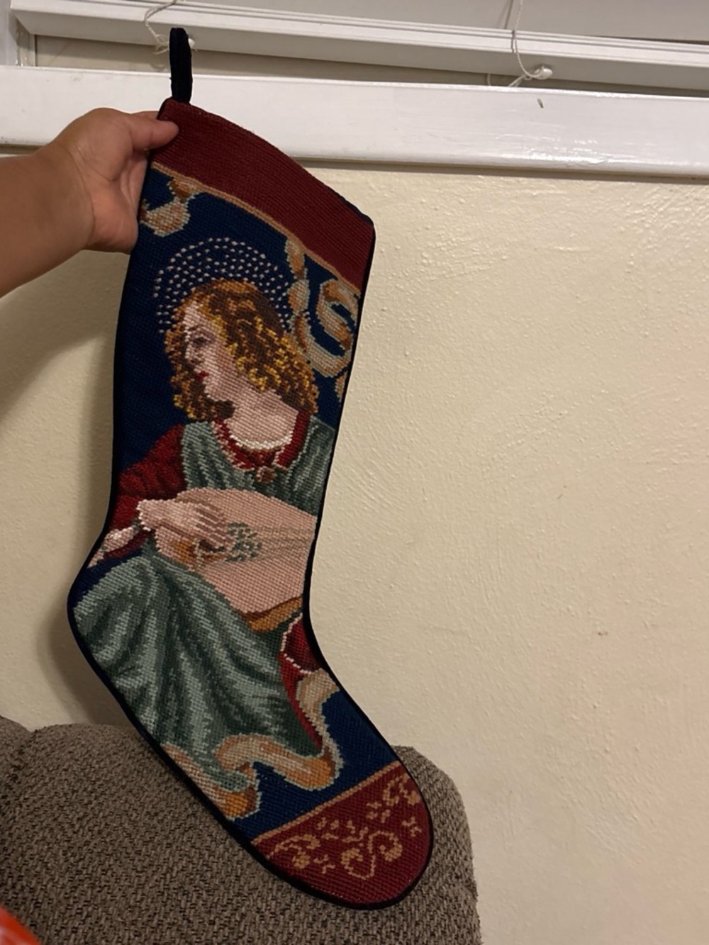 Needlepoint Christmas Stocking Angel
Playing Mandolin Lute 20" L Lined Vtg
Wool